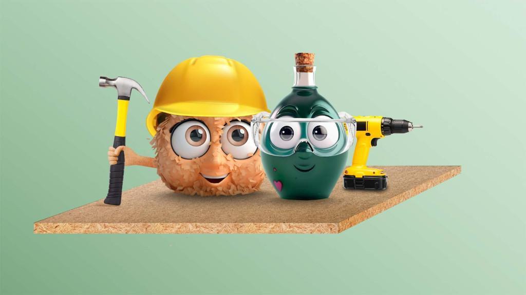A construction-themed scene showing a yellow hard hat, a hammer, a cordless drill, and a green bottle placed on a floating chipboard panel against a light green background.