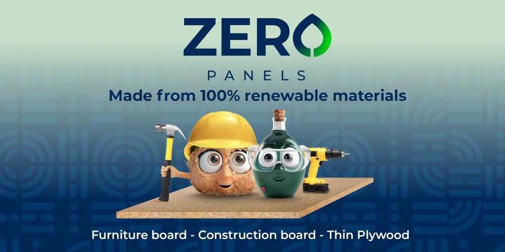“ZERO Panels ‑kampanjakuva. Teksti: ‘Made from 100% renewable materials’. Chipboard‑levyn päällä on kaksi piirrosmaista hahmoa rakennustyökaluineen. Alhaalla teksti: ‘Furniture board – Construction board – Thin plywood